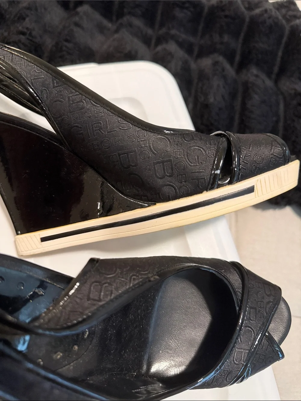 BCBGirls Black Logo Print Peep-Toe Slingback Wedge Sandals | Sz 7.5B